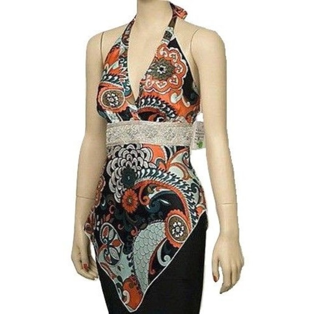 New Nordstrom Silk Charmeuse Troo Print Halter Top